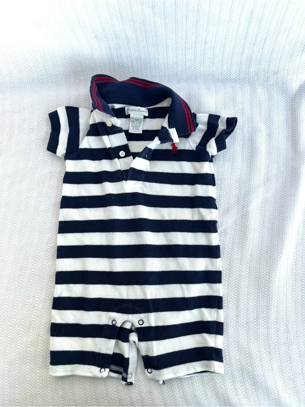 Ralph Lauren Navy & White Striped Polo Romper with Red Trim and Logo